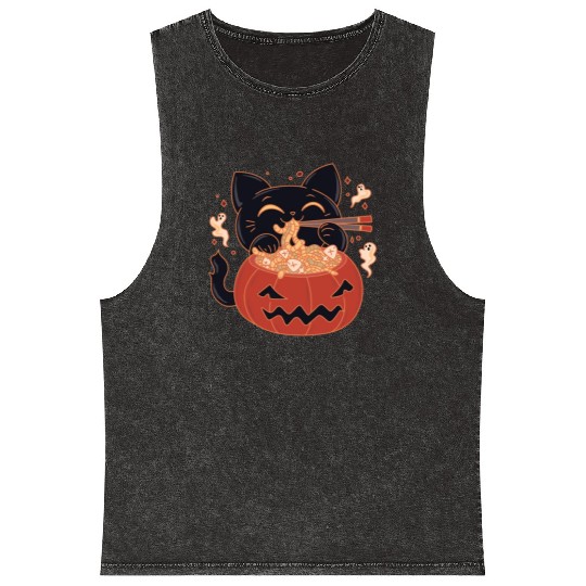Kawaii Creepy black Cat Eating Ramen Noodles Mineral Wash Tank Tops