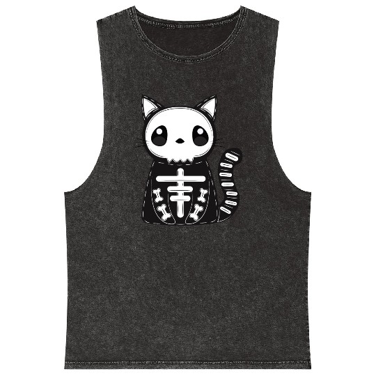 Halloween Cat Black Skeleton Funny Skull Halloween Mineral Wash Tank Tops