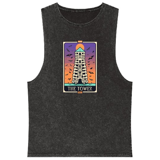 The Tower Tarot Skeleton Halloween Style Mineral Wash Tank Tops