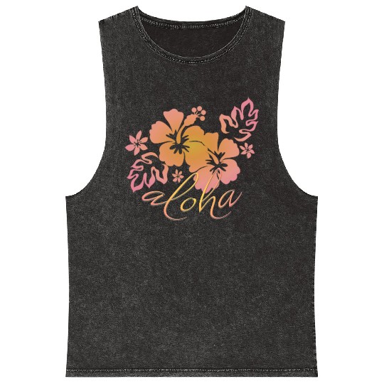 Hawaiian Sunrise Hibiscus Aloha Graphic Mineral Wash Tank Tops