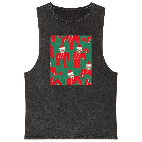 Ugly Red Santa Claus Candy Cane Pattern Mineral Wash Tank Tops