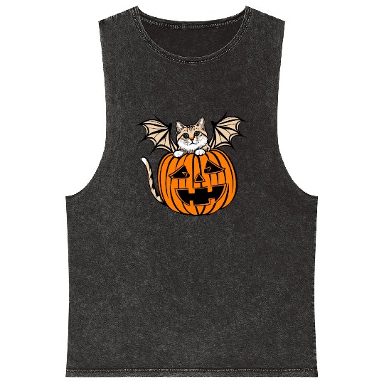 Cute Creepy Cat With Bat Wings Funny Halloween Mineral Wash Tank Tops