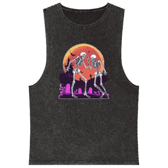 "Skeletal Dance-Off Under Neon Moon" Mineral Wash Tank Tops