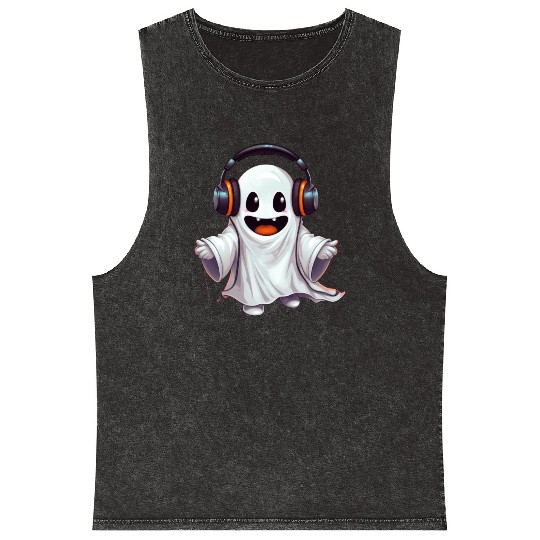 Ghost Wearing Headphone Mineral Wash Tank Tops