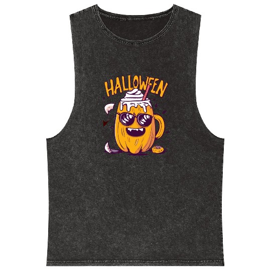 Halloween Funny Pumpkin Lemon Latte Mineral Wash Tank Tops