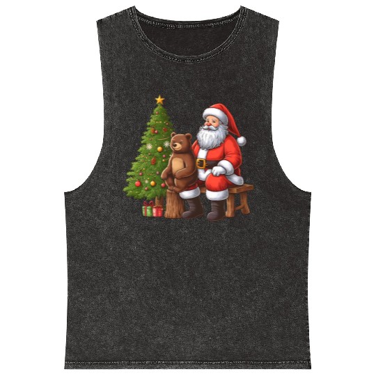 Santa Claus and Bear - Festive Tranquility Mineral Wash Tank Tops