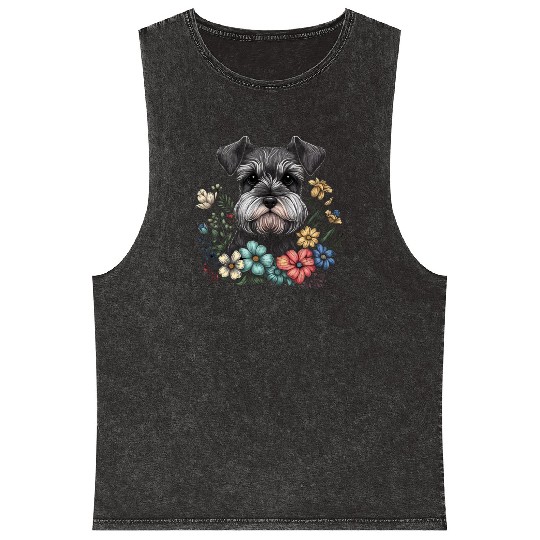 Miniature Schnauzer Flower Garden Cute Puppy Dog Mineral Wash Tank Tops