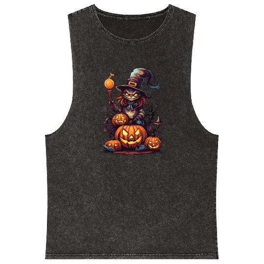 Enchanted Harvest: Witch's Delight amidst Pumpkins Mineral Wash Tank Tops