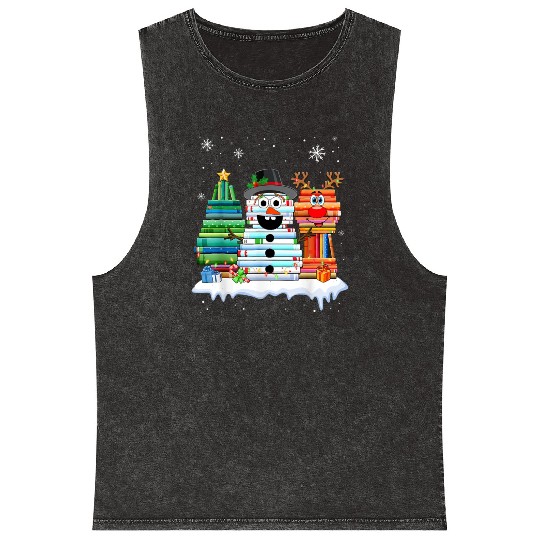 Christmas Tree Snowman Reindeer Book Stack Mineral Wash Tank Tops