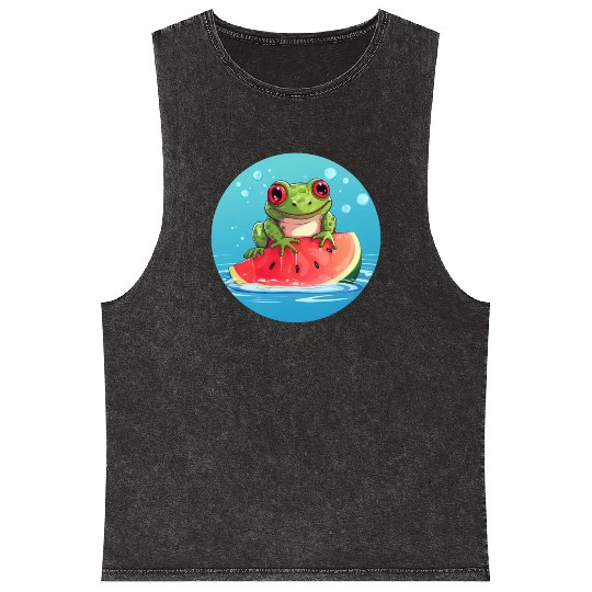 Frog on watermelon in the sea Mineral Wash Tank Tops