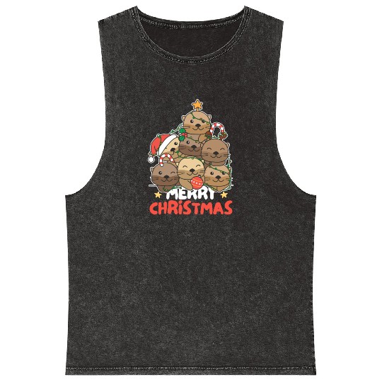 Otter Christmas Tree Merry Christmas Mineral Wash Tank Tops