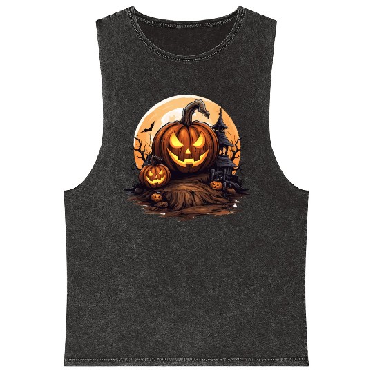Halloween Haunted House Spell Pumpkin Bat Mineral Wash Tank Tops