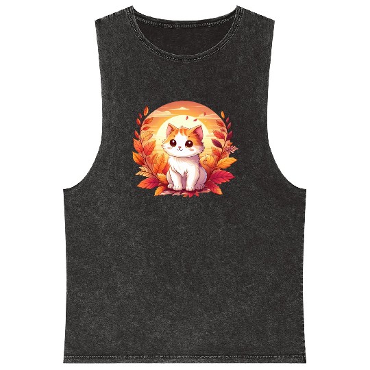 Autumn Cat on Colorful Foliage: A relaxing and Mineral Wash Tank Tops