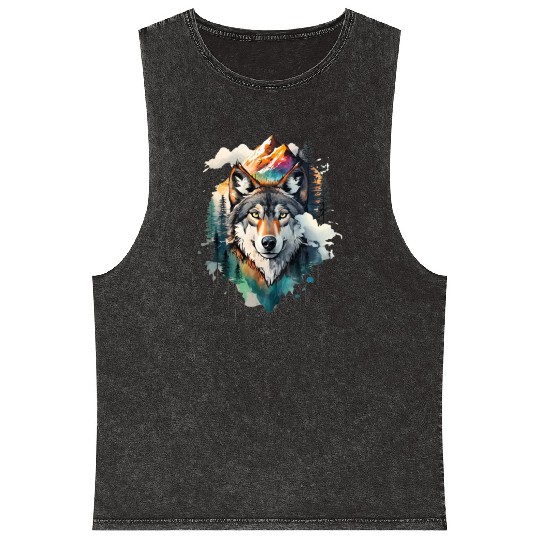 Majestic Mountain Wolf Nature Inspired Artwork Mineral Wash Tank Tops
