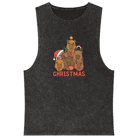 Capybara Christmas Tree Merry Christmas Mineral Wash Tank Tops