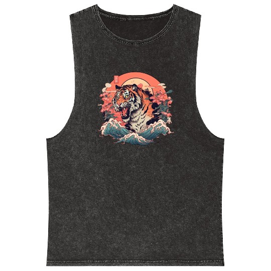 Tokyo Asia 80s Japanese Retro Tiger Mineral Wash Tank Tops