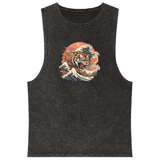 Tokyo Asia 80s Japanese Retro Tiger Mineral Wash Tank Tops
