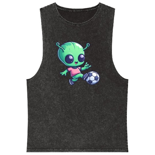 Soccer Playing Alien: Green Galaxy Meets Pitch Mineral Wash Tank Tops
