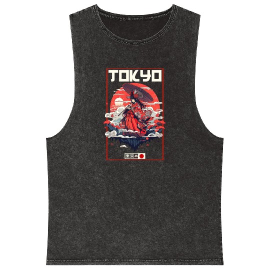 Asia 80s Japanese Retro Samurais Samurai Mineral Wash Tank Tops