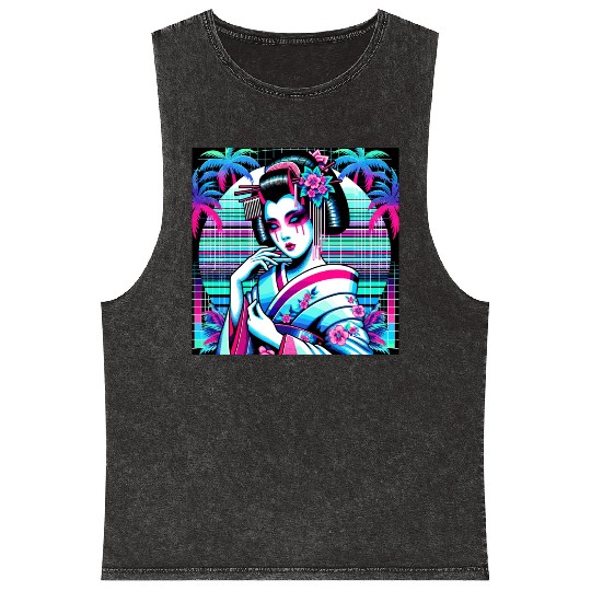 Japan Geisha Retrowave Synthwave Cyberpunk Mineral Wash Tank Tops