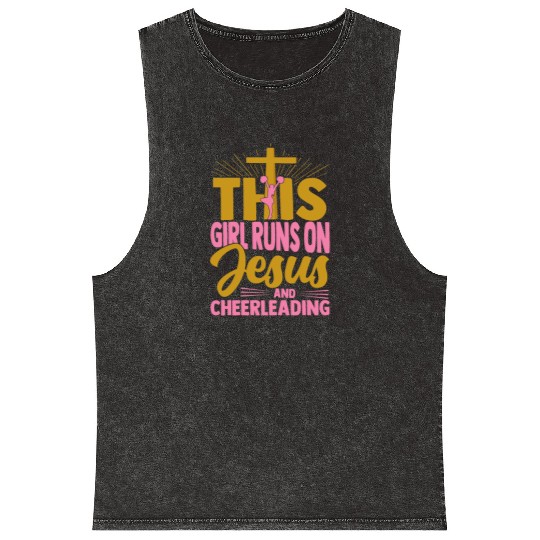 This Girl Runs On Jesus And Cheerleading Cheerlead Mineral Wash Tank Tops