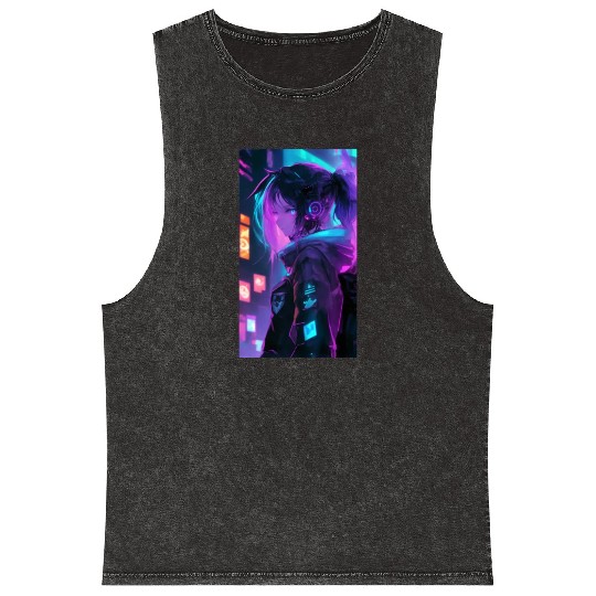 "Neon Dreams" - Anime Girl in Futuristic Cyberpunk Mineral Wash Tank Tops