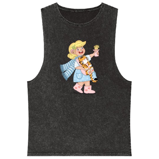 Happy Girl Carrying Tiger Cub Like A Baby Mineral Wash Tank Tops