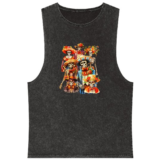 Mexican Holiday Dia de Muertos Skeletons Selfie Mineral Wash Tank Tops