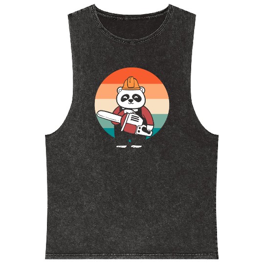 Panda Chainsaw Tree Worker Mineral Wash Tank Tops