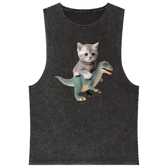 Cute kitten rides on T-rex Mineral Wash Tank Tops