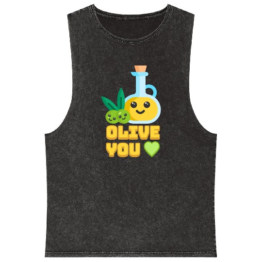 Olive You! Cute Olive I Love You Cartoon Mineral Wash Tank Tops