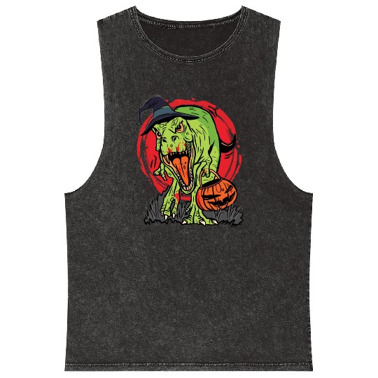 Trick Or Treating Dinosaur With Jack O Lantern Mineral Wash Tank Tops