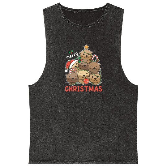 Otter Christmas Tree Merry Christmas Mineral Wash Tank Tops