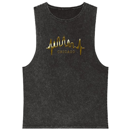 Chicago Skyline Heartbeat USA Heart I Love Chicago Mineral Wash Tank Tops