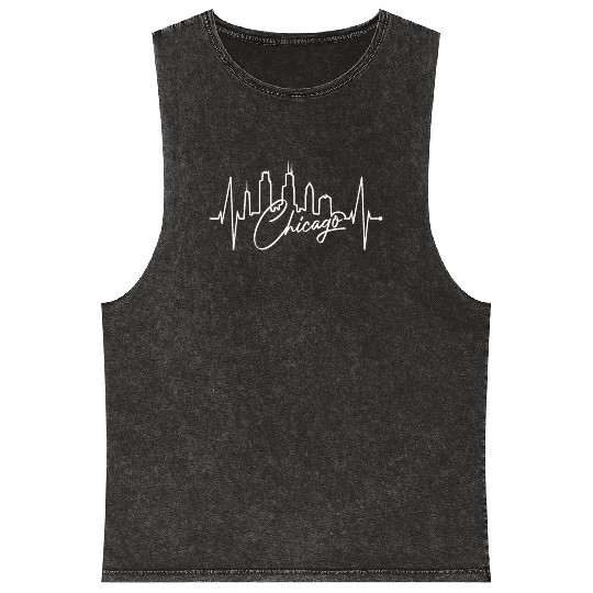 Chicago Skyline Heartbeat USA Heart I Love Chicago Mineral Wash Tank Tops