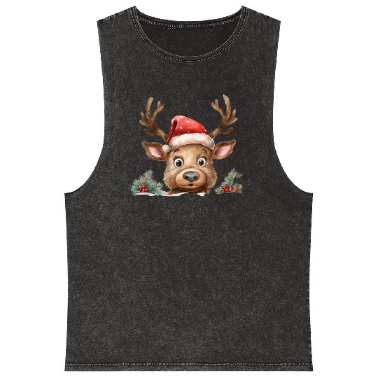 Christmas watercolor Reindeer Mineral Wash Tank Tops