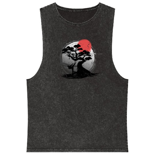 Martial Arts Japanese Style Bonsai Sunset Karate Mineral Wash Tank Tops