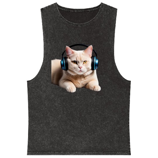 Music Lover Cat V II on Unisex Poly Cotton Mineral Wash Tank Tops