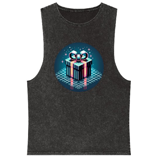 Cyberpunk Pixel Art Gift Box - Neon Ribbons Mineral Wash Tank Tops