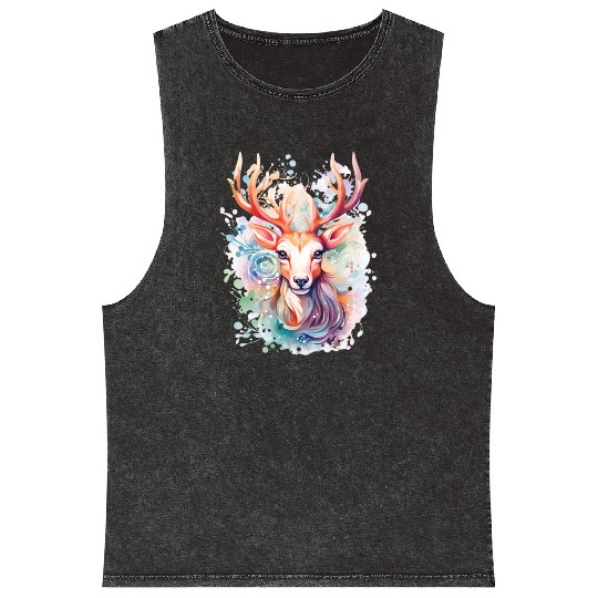 Colorful Reindeer Fantasy: Studio Ghibli Style Mineral Wash Tank Tops