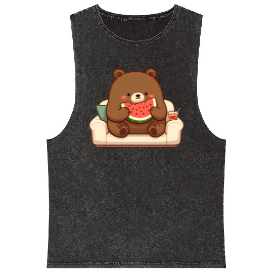 Cosy bear enjoying watermelon Mineral Wash Tank Tops