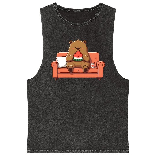 Cosy bear enjoying watermelon Mineral Wash Tank Tops