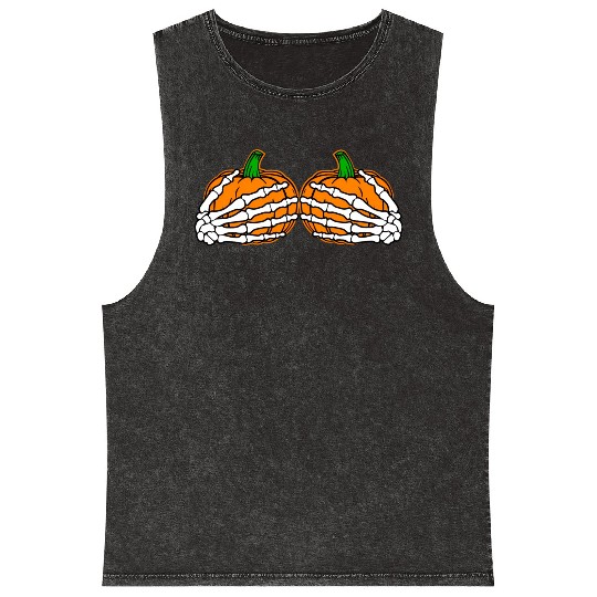 Halloween Skeleton Hands On Chest Pumpkin Boobs Mineral Wash Tank Tops