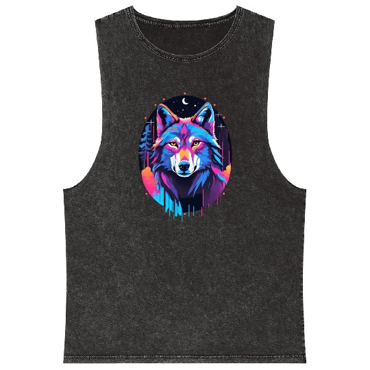 Eerie Blacklight Wolf Mineral Wash Tank Tops - Neon Colors