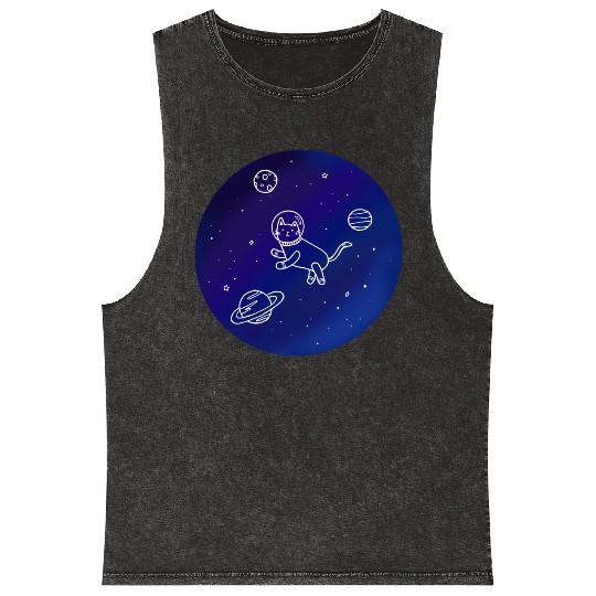 Doodle-Style Hand Drawn Space Cat Mineral Wash Tank Tops