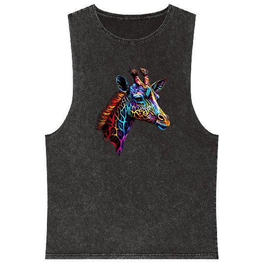 Giraffe Enveloped in Vibrant Neon Patterns Mineral Wash Tank Tops