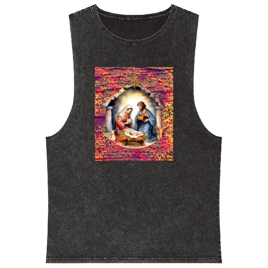 Nativity scene with Mary Joseph Baby Jesus Mineral Wash Tank Tops