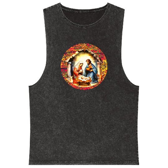 Nativity scene with Mary Joseph Baby Jesus Mineral Wash Tank Tops