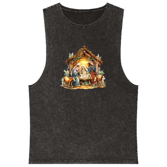 Nativity scene with Mary Joseph Baby Jesus Mineral Wash Tank Tops