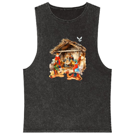 Nativity scene with Mary Joseph Baby Jesus Mineral Wash Tank Tops
